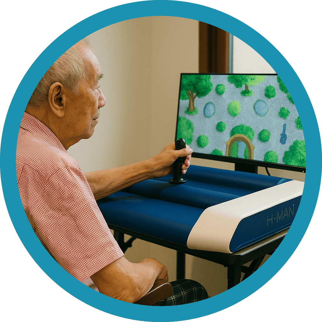 Senior man engaging with interactive rehab gaming for physical therapy.