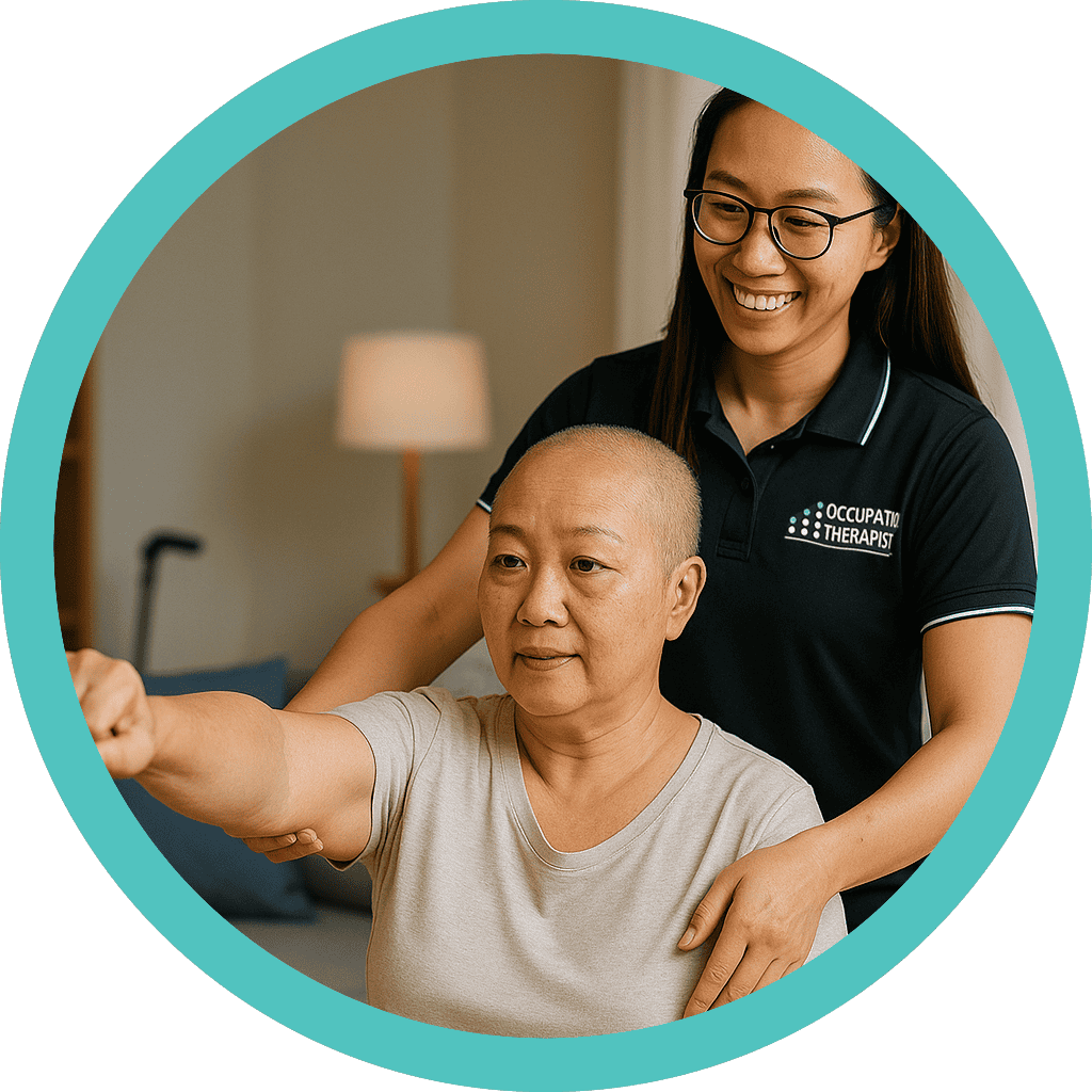 Occupational therapist assisting a patient with arm exercises.