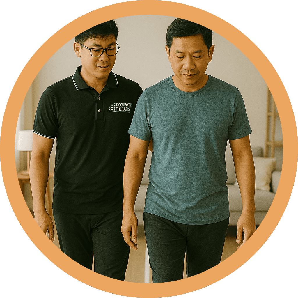 Male patient receiving guided physical therapy from a professional therapist.