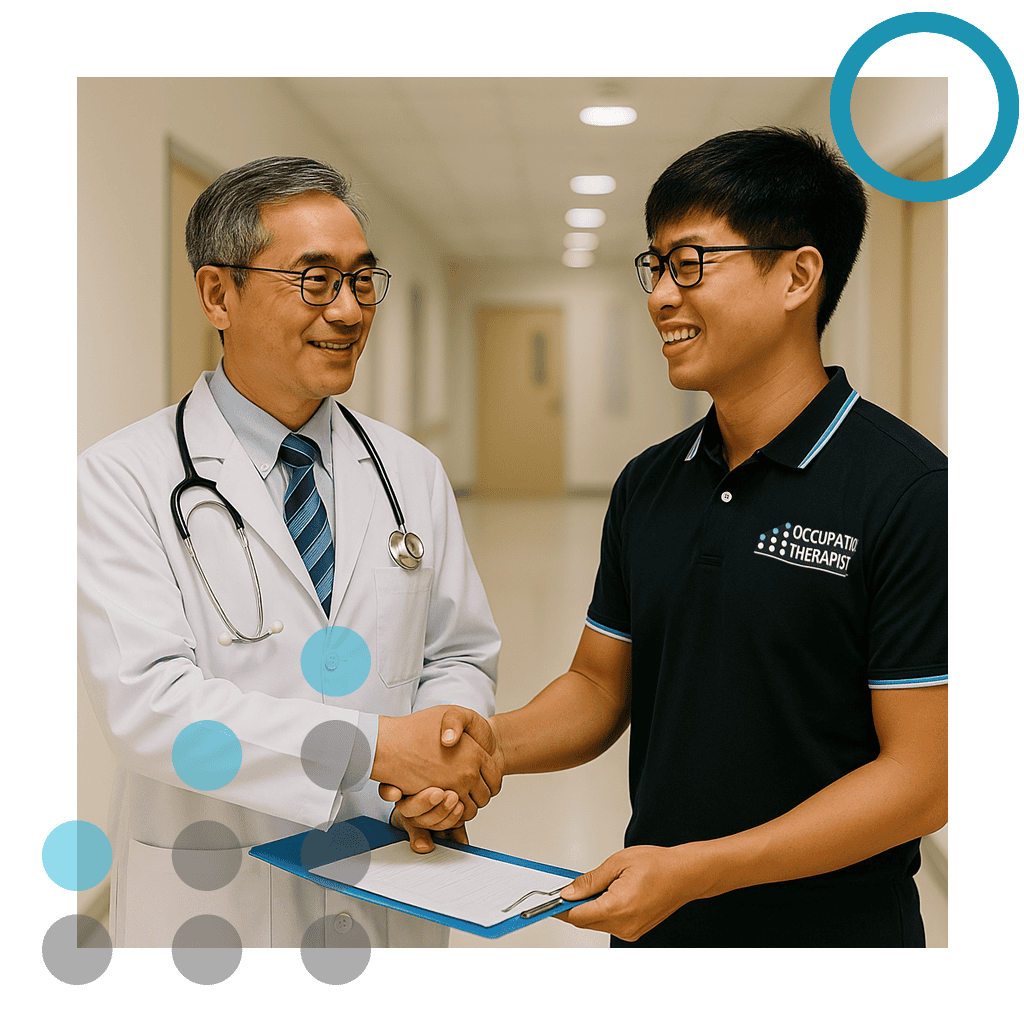 Physiotherapist and patient shaking hands in clinic hallway.